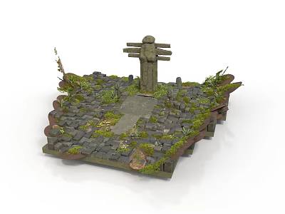 Ancient Stone Platform With Moss Covered Slabs And Central Totem Structure 3d model