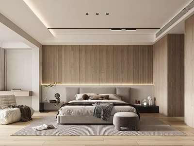 Modern Bedroom Interior Design With Wooden Headboard Wall Soft Lighting And Area Rug 3d model