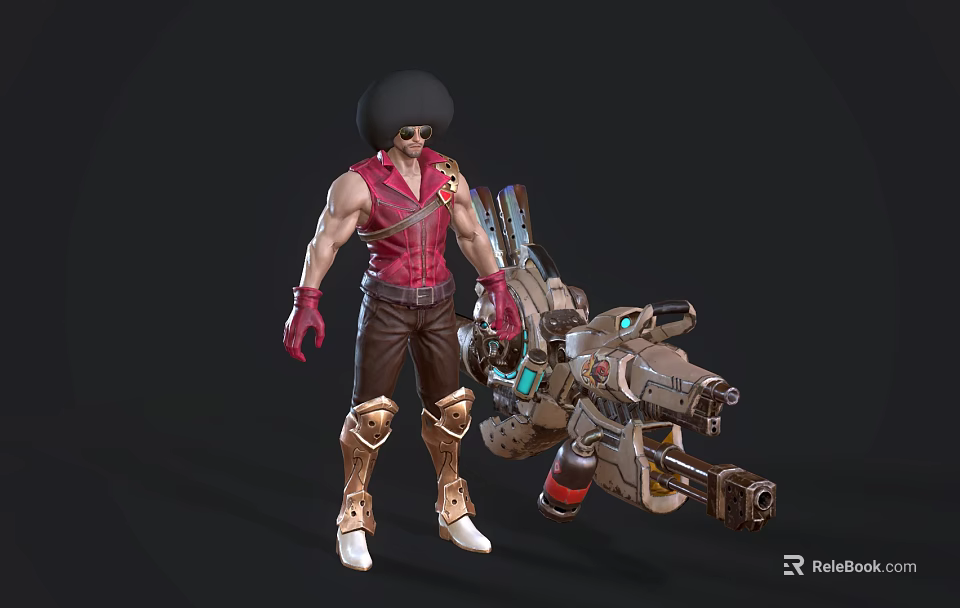 Game Movie Character With Large Black Hat Red Sleeveless Top And Mechanical Gun 3d model 