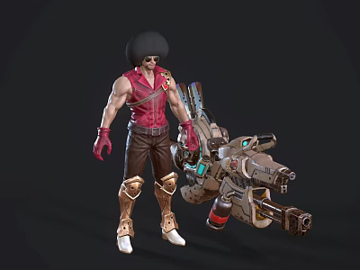 Game Movie Character With Large Black Hat Red Sleeveless Top And Mechanical Gun 3d model