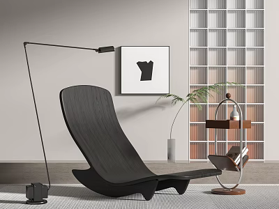Modern Black Wooden Lounge Chair With Floor Lamp Decorative Painting Grid Wall And Potted Plant 3d model