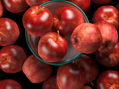 Juicy Fresh Red Ripe Apples in Bowl with Scattered Fruits Around 3d model
