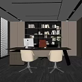 Modern Office Interior With Wooden Desk White Chairs Bookshelf And Large Window