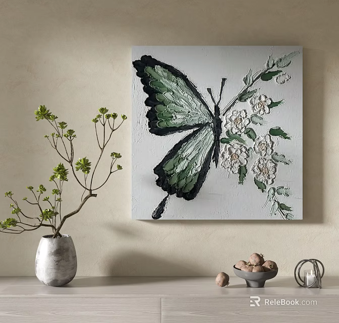 Green Butterfly Canvas Painting With White Flowers Vase And Stone Decor 3d model 