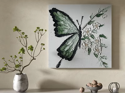 Green Butterfly Canvas Painting With White Flowers Vase And Stone Decor 3d model