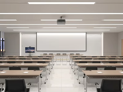 Modern School Classroom With Large Projection Screen Neatly Arranged Desks White Walls And Bright Lighting 3d model