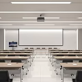 Modern School Classroom With Large Projection Screen Neatly Arranged Desks White Walls And Bright Lighting