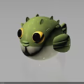 Cartoon Style Green Pufferfish Character With Big Yellow Eyes Spikes White Belly and Green Fins