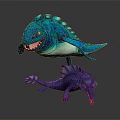 Vibrant Blue Green Finned And Purple Spiky Mythical Creatures With Fangs And Tongue Out