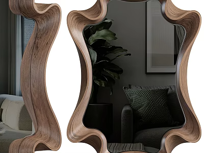 Unique Wavy Wooden Frame Mirror In Modern Living Room With Sofa And Green Plant 3d model