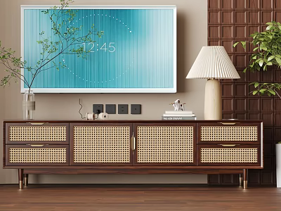Stylish Wooden TV Stand With Wicker Panels Table Lamp Potted Plant And TV Screen 3d model
