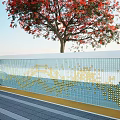 Urban Public Space With Blue Glass Curtain Wall Golden Patterns And Red Flowering Tree