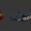 Cartoon Blue Shark With Open Mouth Sharp Teeth Near Small Boat