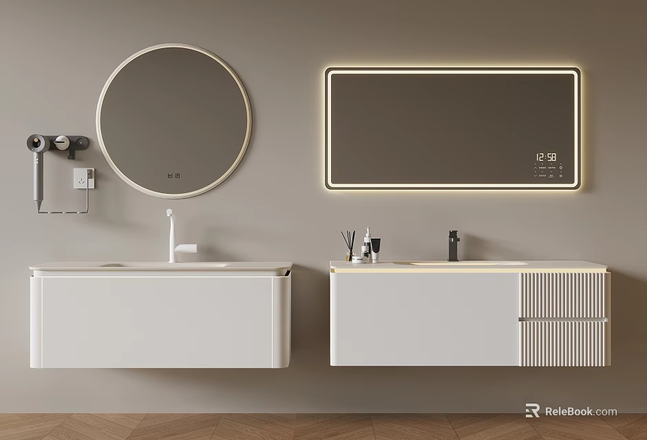 Modern White Wall Mounted Bathroom Vanity Cabinets With Round And Rectangular Mirrors And Lighting 3d model