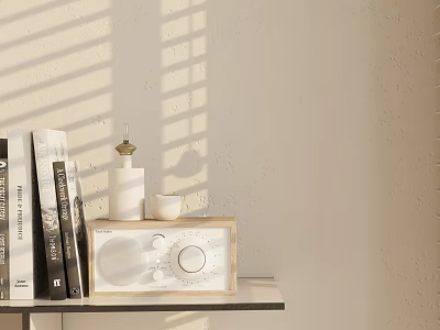 Decorative Ornament Set With Books White Candle Wooden Radio And Sunlight Shadows On Wooden Shelf 3d model