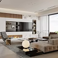 Modern Open Living Dining Area With Sofa Coffee Table Rug And Kitchen Cabinets