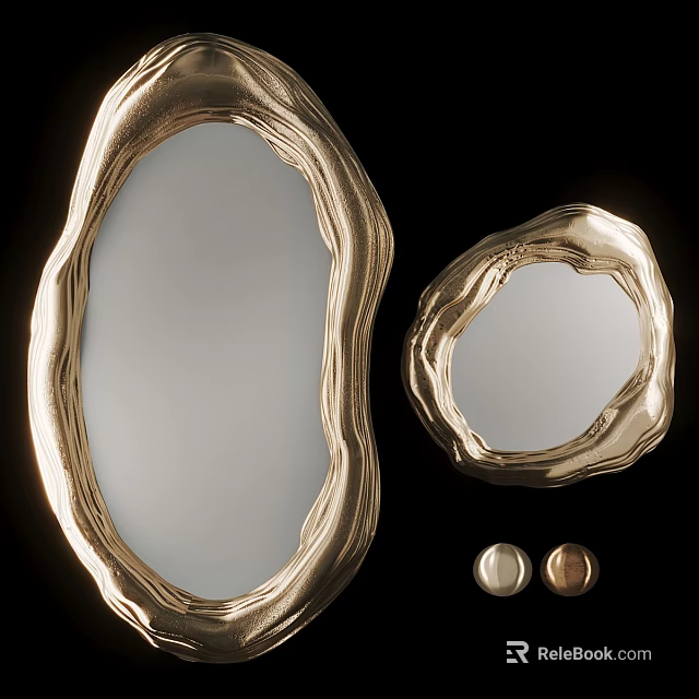 Set Of Two Decorative Golden Mirrors With Irregular Wavy Textured Frames And Small Round Accents 3d model 