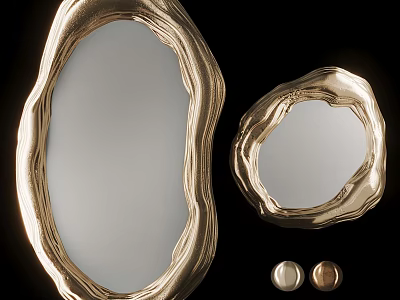 Set Of Two Decorative Golden Mirrors With Irregular Wavy Textured Frames And Small Round Accents 3d model