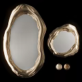 Set Of Two Decorative Golden Mirrors With Irregular Wavy Textured Frames And Small Round Accents