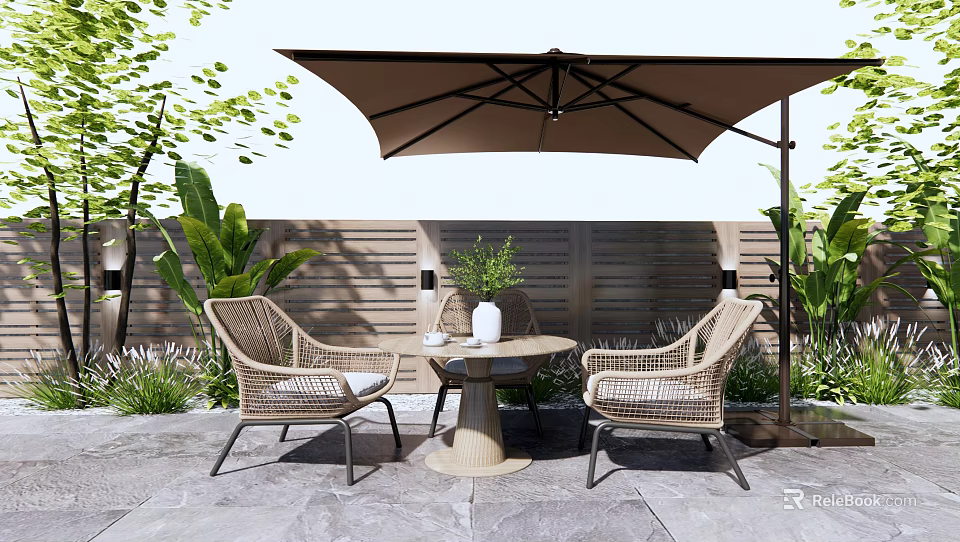 Outdoor Wicker Round Table And Chairs Set With Umbrella Plants And Wooden Fence 3d model 