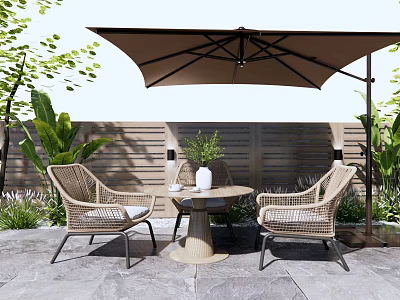 Outdoor Wicker Round Table And Chairs Set With Umbrella Plants And Wooden Fence 3d model