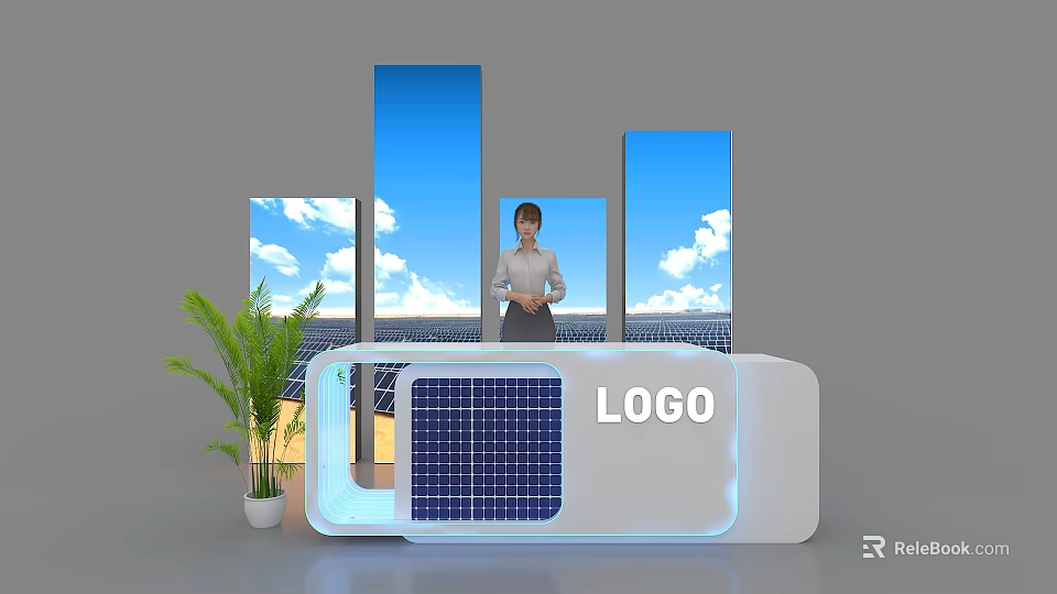 Exhibition Reception Desk with LOGO Solar Panel Green Plant and Blue Sky Background 3d model 