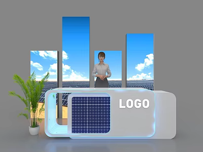 Exhibition Reception Desk with LOGO Solar Panel Green Plant and Blue Sky Background 3d model