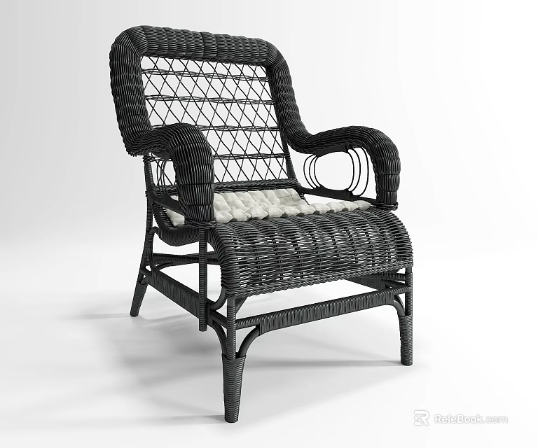Black Wicker Leisure Chair with Woven Backrest Armrests and Light Cushion 3d model 