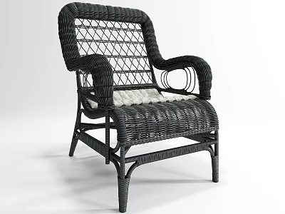 Black Wicker Leisure Chair with Woven Backrest Armrests and Light Cushion 3d model