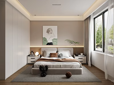Modern Bedroom Interior With Bed Nightstands Lamps Wall Art Window Curtains Wooden Floor And Rug 3d model