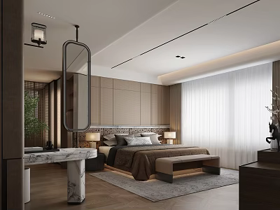 Modern Bedroom Interior Design With Large Bed Wooden Walls And Curtains 3d model