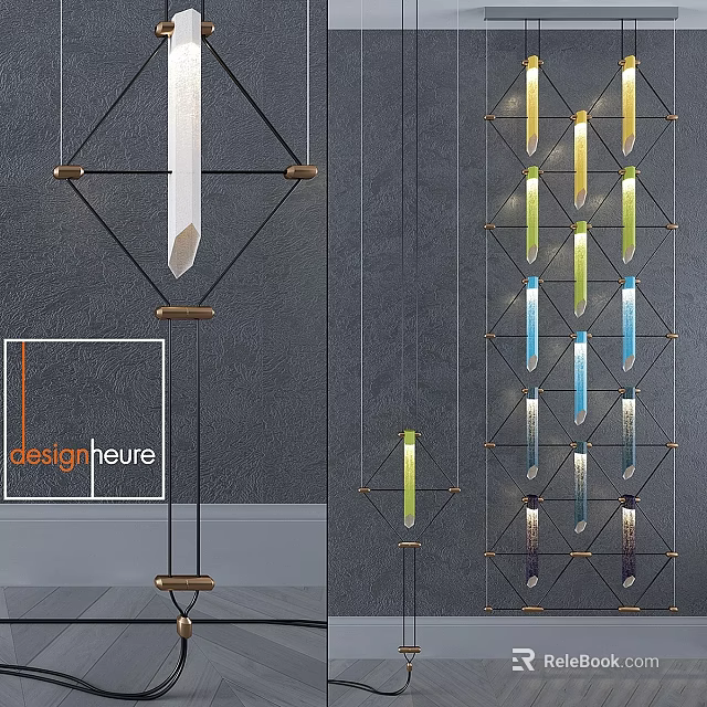 Modern Geometric Metal Frame Chandelier With Colored Glass Tubes And Hanging Elements 3d model 