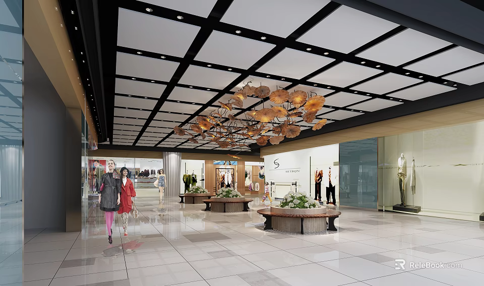 Spacious Department Store Interior With Tile Flooring Chandeliers Display Counters And Customers Walking 3d model 