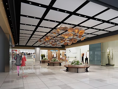 Spacious Department Store Interior With Tile Flooring Chandeliers Display Counters And Customers Walking 3d model