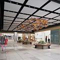 Spacious Department Store Interior With Tile Flooring Chandeliers Display Counters And Customers Walking