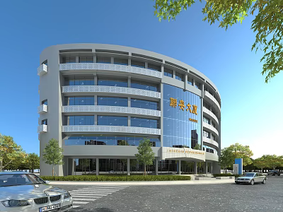 Modern Office Building With Glass Curtain Wall And Surrounding Trees Parking Area 3d model