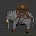 Decorative Elephant Figurine With Wooden Box Gold Ornament Patterned Saddle Cloth And Leather Straps