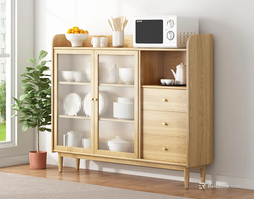 Wooden Sideboard with Glass Doors Dishes Microwave Decor and Potted Plant in Minimalist Style 3d model 