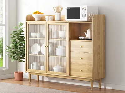 Wooden Sideboard with Glass Doors Dishes Microwave Decor and Potted Plant in Minimalist Style 3d model