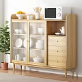 Wooden Sideboard with Glass Doors Dishes Microwave Decor and Potted Plant in Minimalist Style