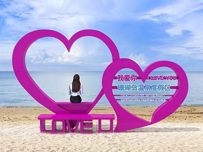 Waterfront Landscape With Pink Heart Shaped Sculptures Woman Sitting On Bench Beach And Ocean View 3d model