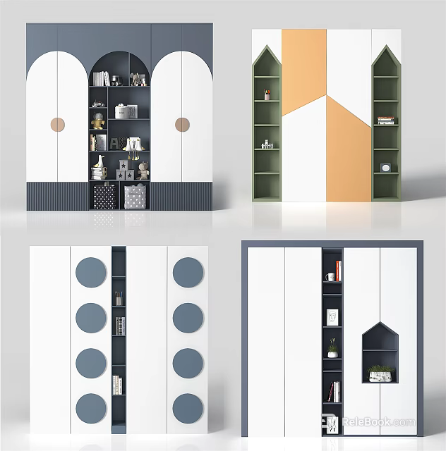 Stylish Modern Wardrobe Design With Colorful Panels Circular Accents And Storage Shelves 3d model 