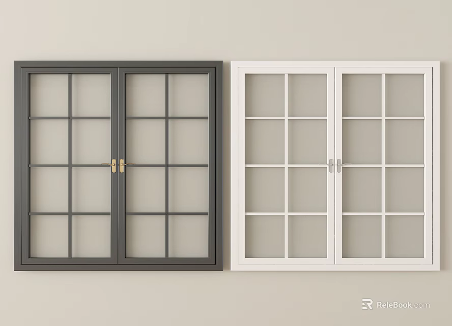 Dark Gray And White Double Panel Casement Windows With Grid Glass Design 3d model