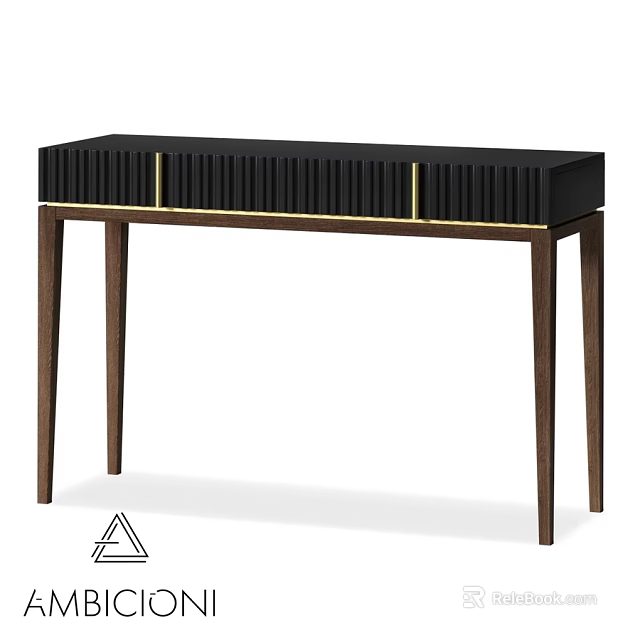 Modern Dining Table With Black Vertical Striped Panel Gold Accents And Wooden Legs Design 3d model 