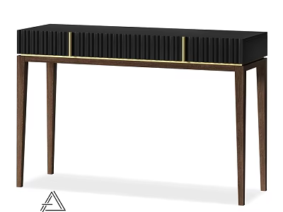 Modern Dining Table With Black Vertical Striped Panel Gold Accents And Wooden Legs Design 3d model
