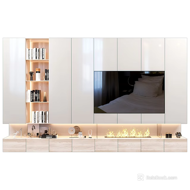 Modern Entertainment Center With White Cabinetry Built-in TV Fireplace Design And Decorative Items 3d model 