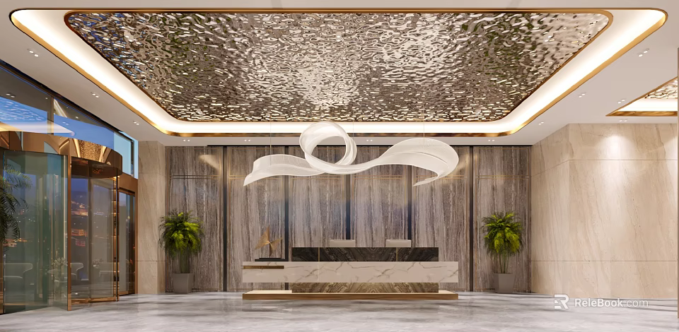 Luxurious Modern Hotel Lobby With Decorative Ceiling Reception Desk And Green Plants 3d model 