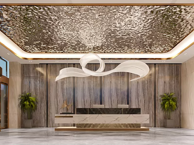 Luxurious Modern Hotel Lobby With Decorative Ceiling Reception Desk And Green Plants 3d model