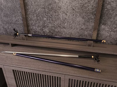 Traditional Swords Displayed On Wooden Shelf Against Wall 3d model Traditional Swords Displayed On Wooden Shelf Against Wall 3d model