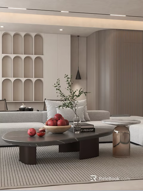 Elegant Modern Living Dining Room Interior With Grey Sofa Marble Coffee Table And Green Plant 3d model 